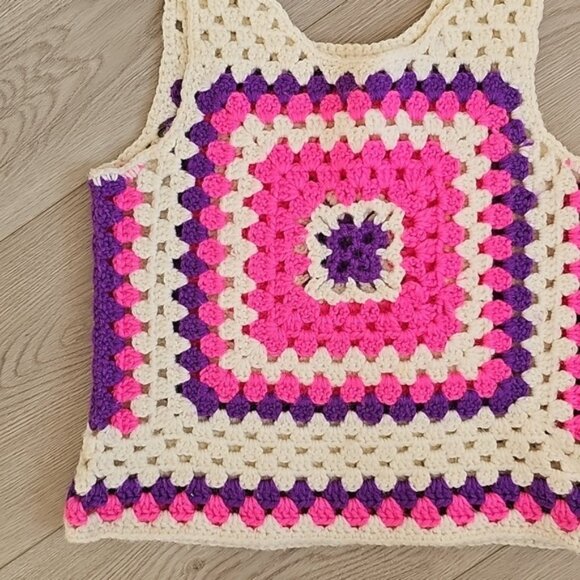 Granny Square Boho Crochet Tank Top Bright Pink And Purple Colors Youth - Picture 8 of 12